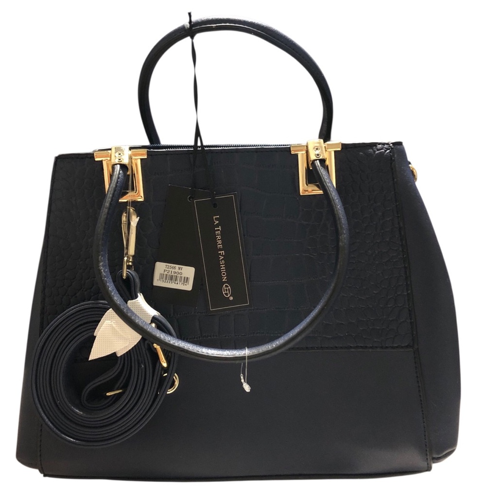 LA TERRE FASHIONS N.W.T. Navy Blue Croc-Embossed Satchel/Gold Accents.Elegant